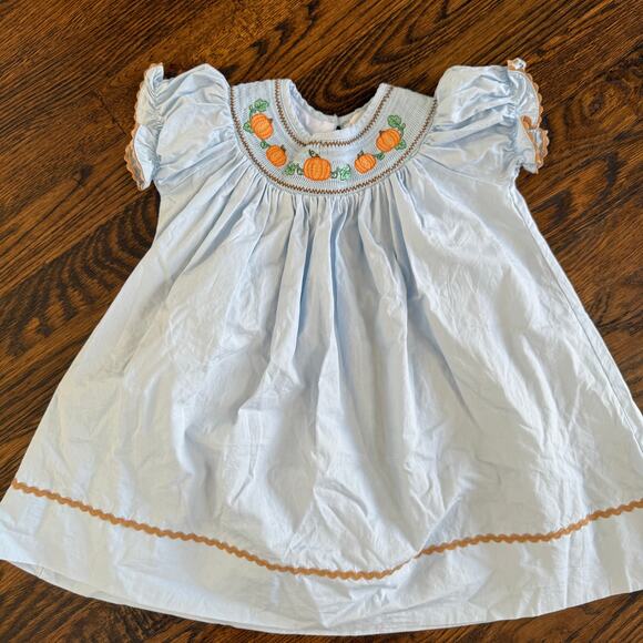 Lil Cactus Blue Pumpkin Smocked Bishop Dress Size 2T Embroidery - Picture 1 of 4